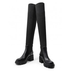 Women's British Style Solid Color Over-the-knee Length Chunky Heel Stretchy Knitted Sock Boots
