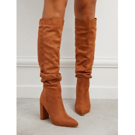 Suedette Chunky Heel Ruched Mid Calf Boots
